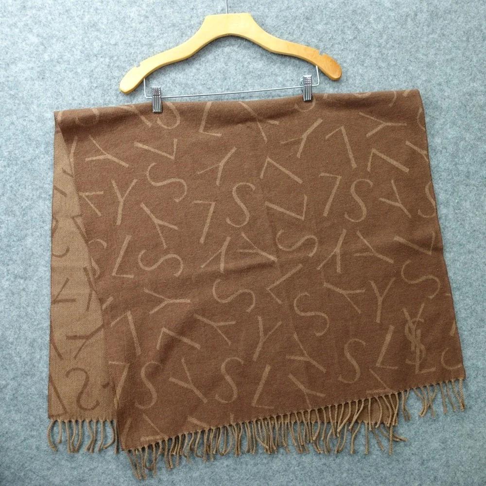 Vintage YVES SAINT LAURENT Wool Scarf Brown YSL Logo Shawl Wrap Fringe 70x140 cm - Picture 2 of 12